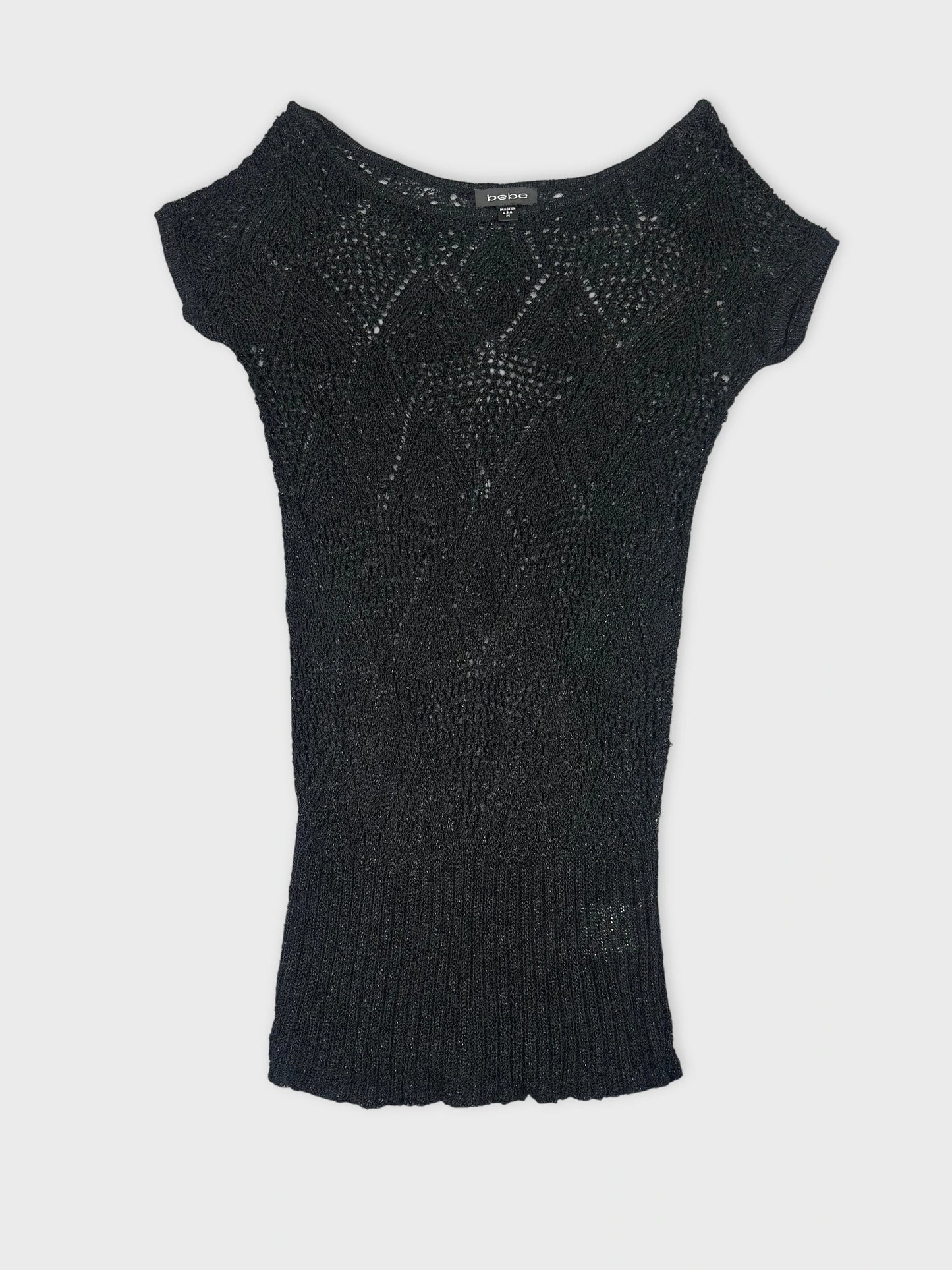 Black short sleeve top with textured diamond pattern front view
