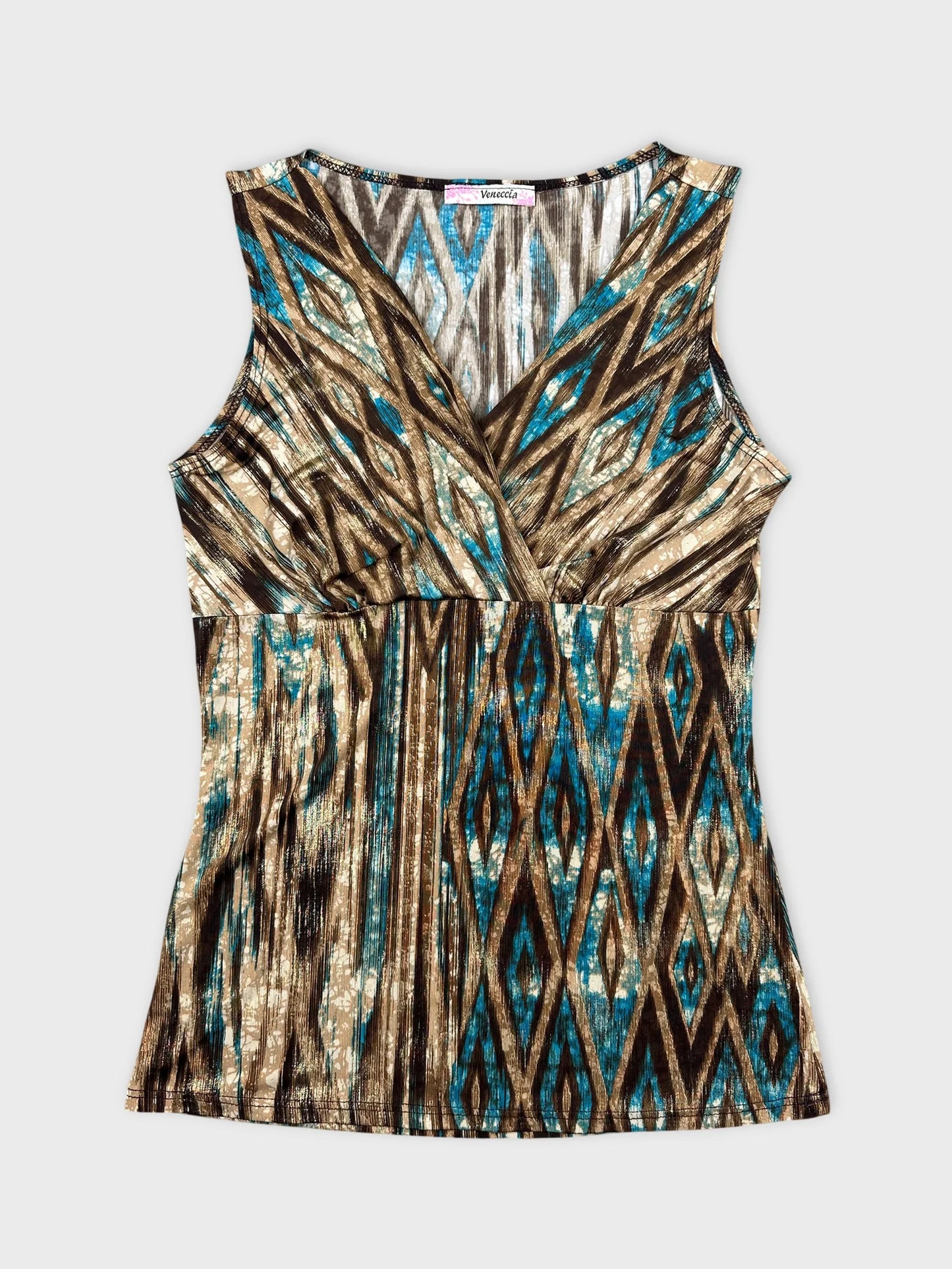 Vintage women's sleeveless top in brown and teal with a geometric pattern front view.