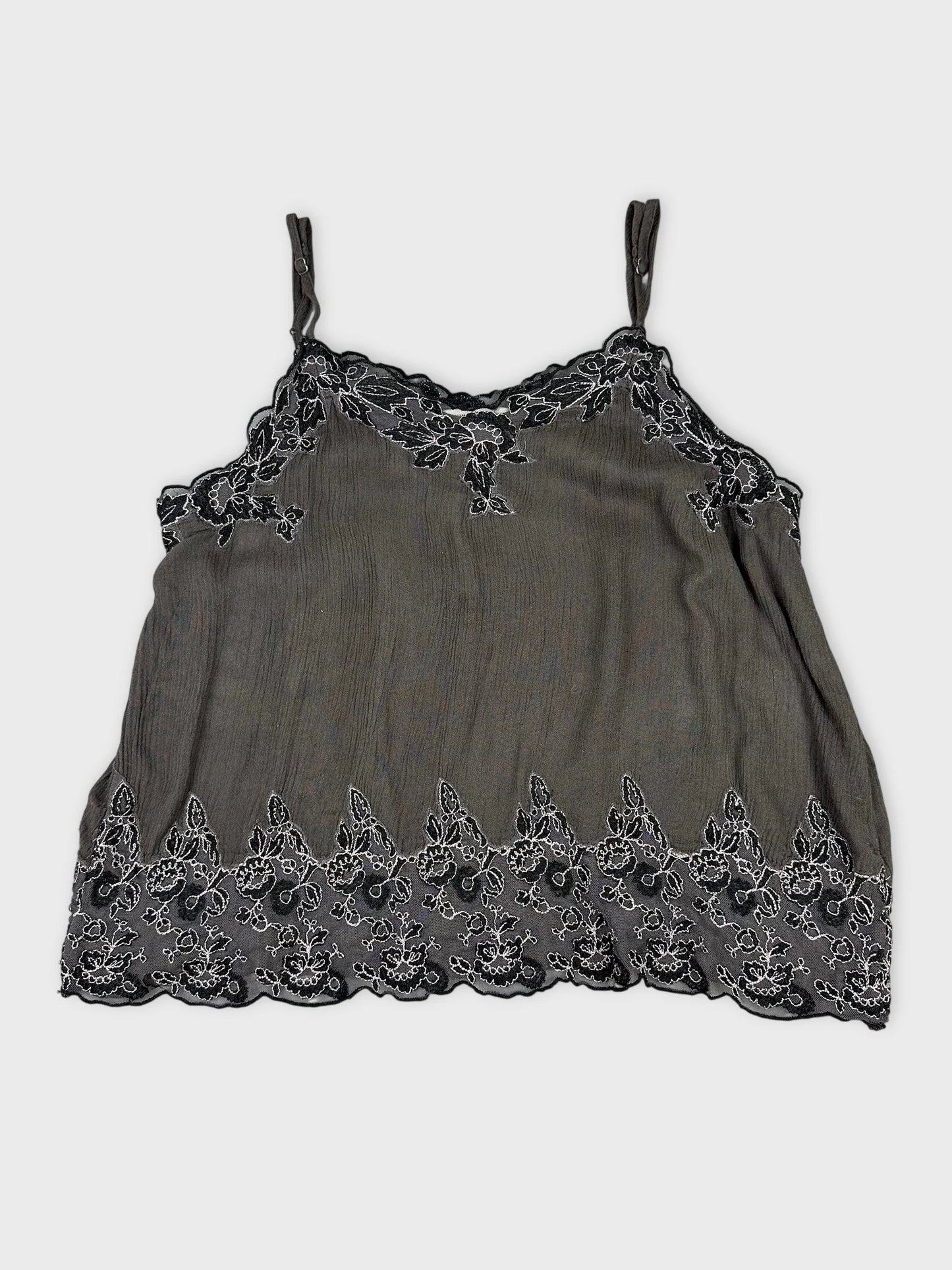 Gray camisole top with lace trim, front view.