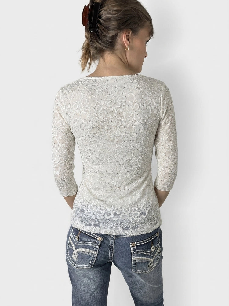 White Lace Wrap Top with Elegant Details (M)