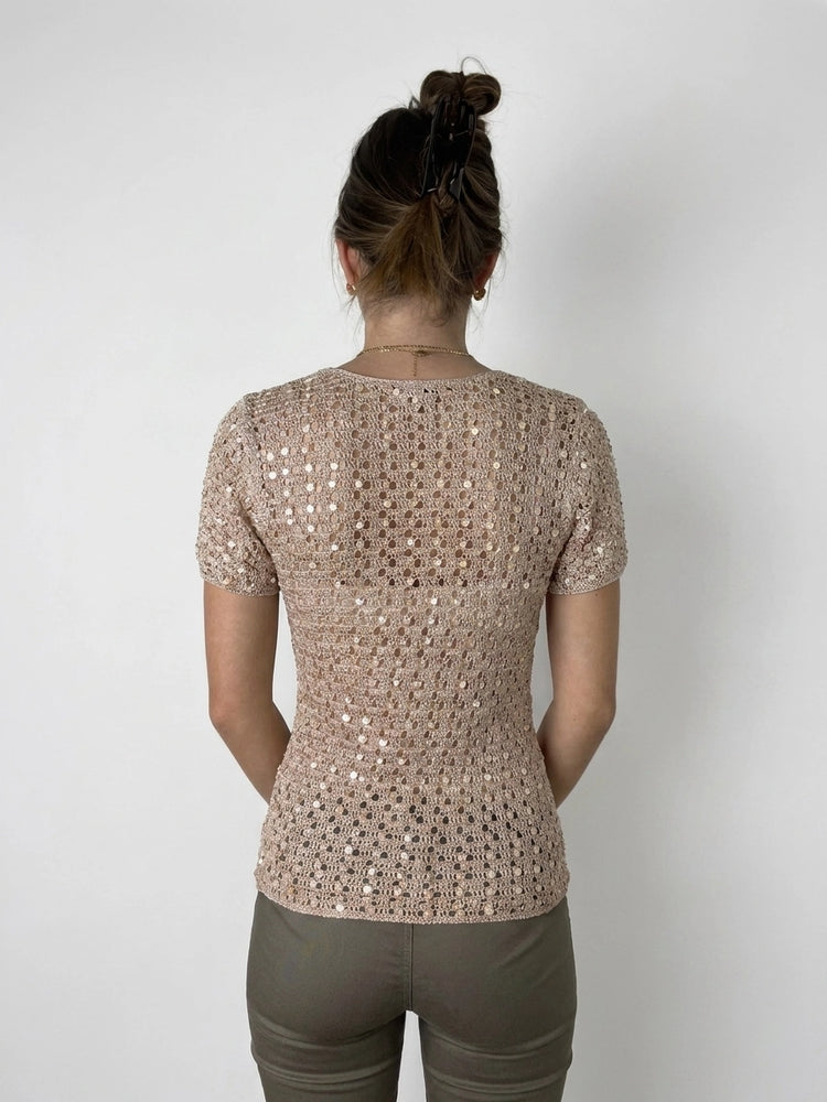 Elegant Beige Crochet Top with Short Sleeves (S)