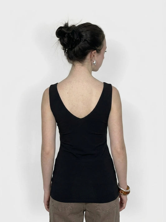 Back view of a black sleeveless top with a V-shaped neckline.
