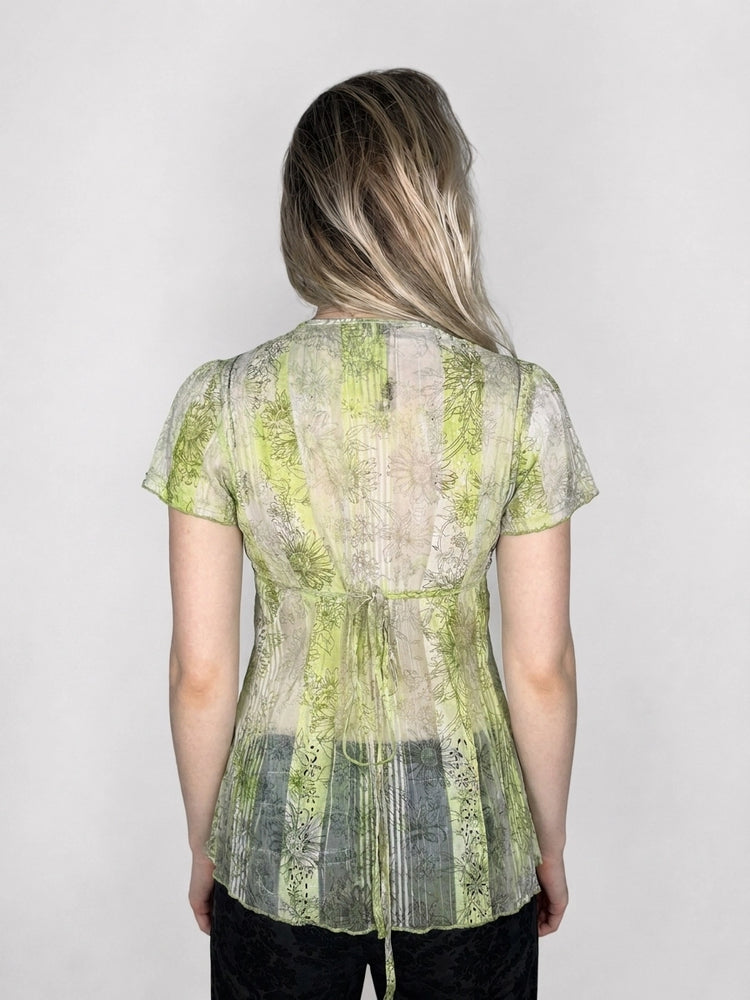 Lime Sheer Floral Top with Frill Hem (M)