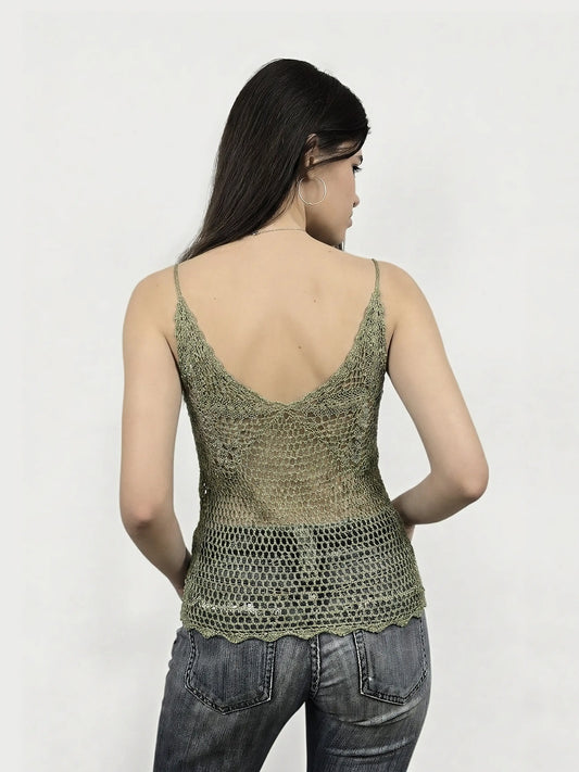 Back view of a green sleeveless top with a lace detail.