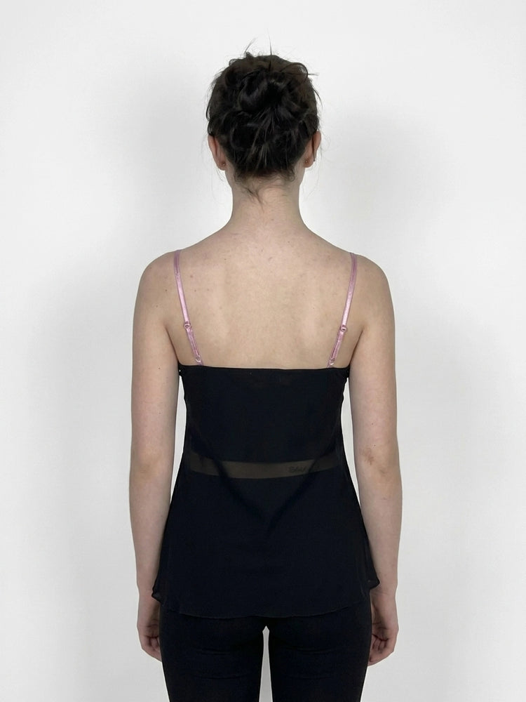 Chic Sheer Black Camisole with Pink Trim (S)