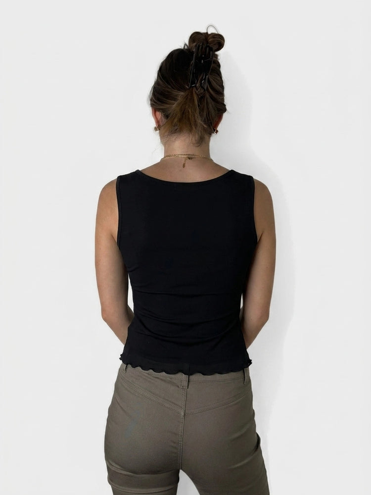 Sleek Black Fitted Top with Scalloped Hem (S)
