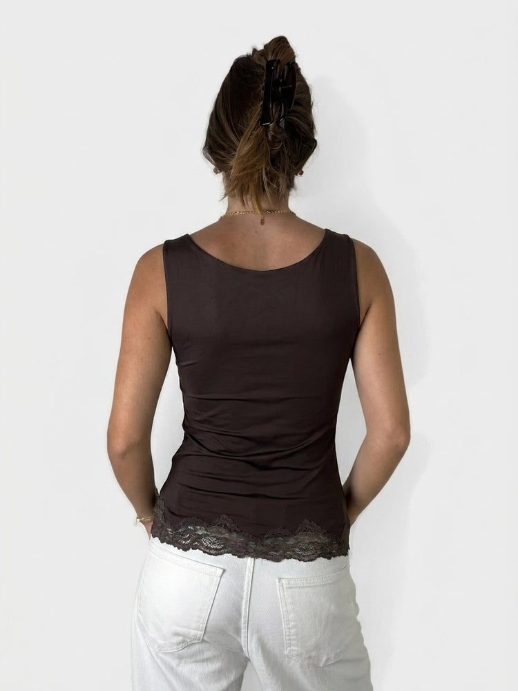 Brown Lace Trim Silky Top (M)