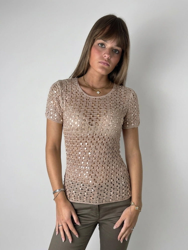 Elegant Beige Crochet Top with Short Sleeves (S)