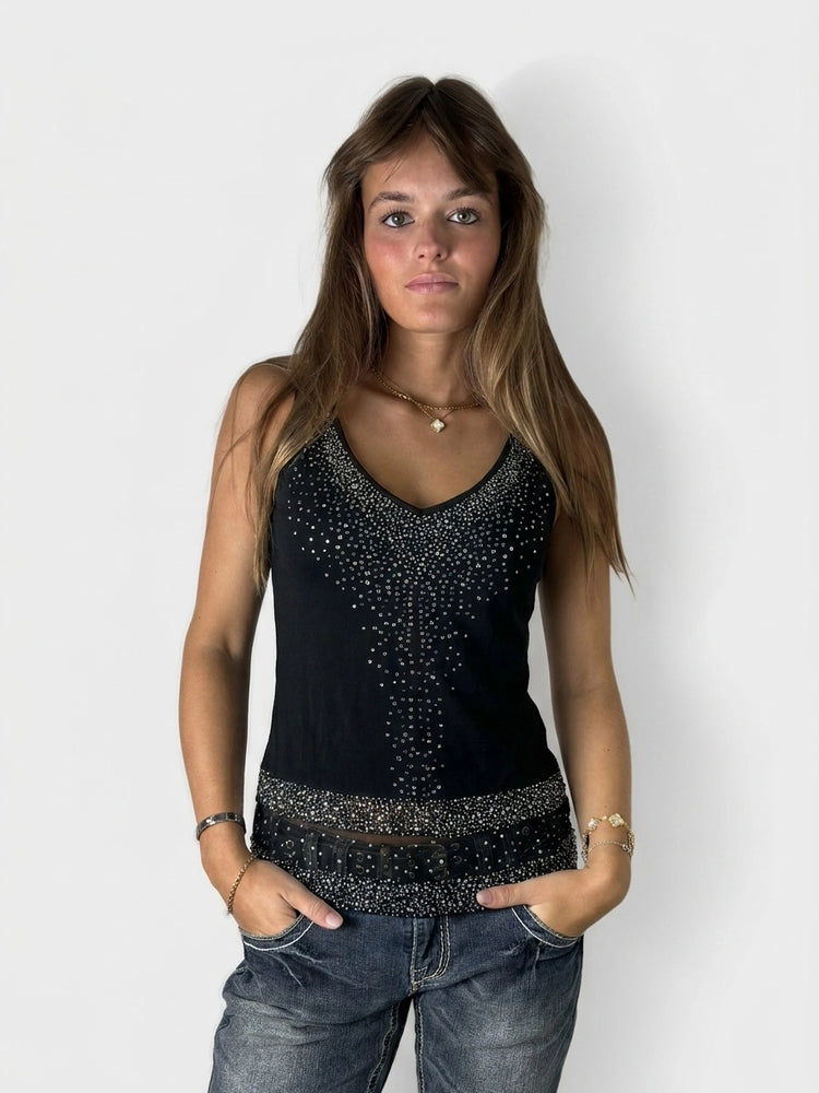 Black Studded Top with Sheer Hem (S)