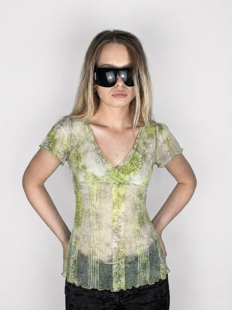 Lime Sheer Floral Top with Frill Hem (M)