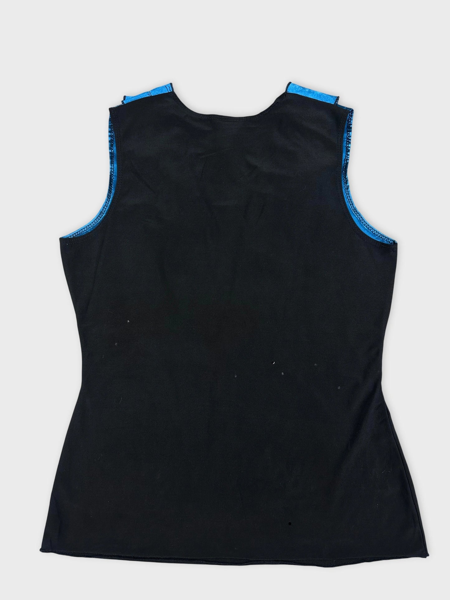 Back view of a black sleeveless top featuring blue trim.