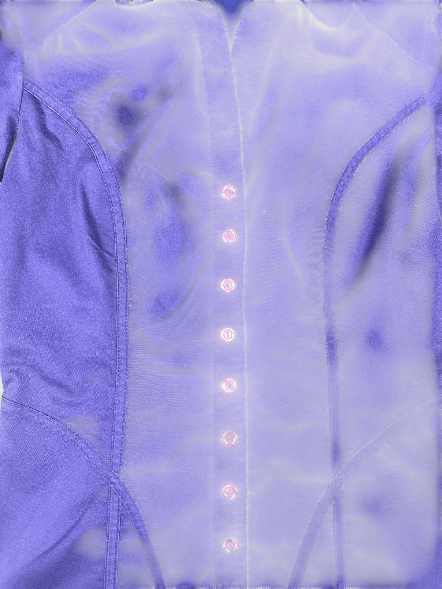 Detail view of a button-up shirt in vibrant purple with shiny buttons.