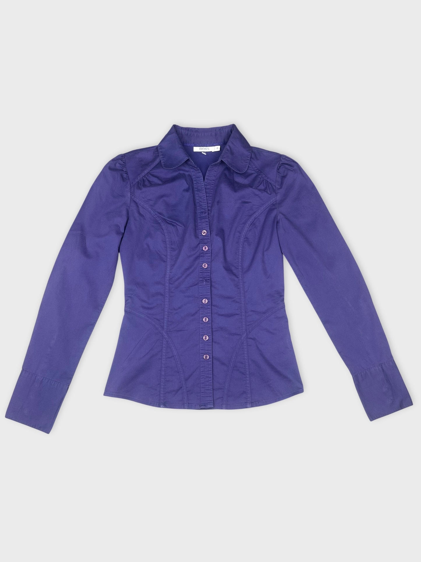 Front view of a purple button-up shirt with fitted detail.
