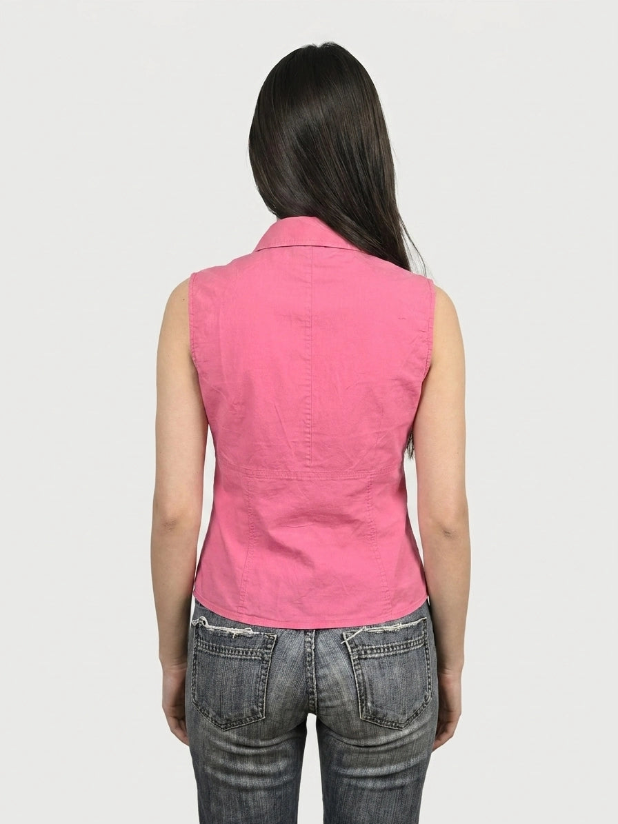Back view of a pink button-up shirt with a fitted design.