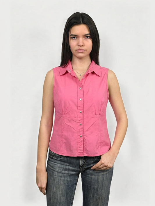 Front view of a pink button-up shirt featuring a classic collar and button closure.