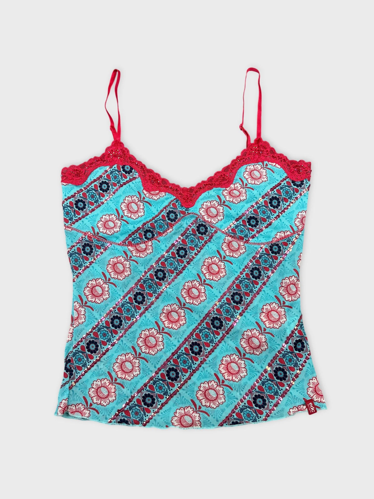 Vintage women's upper body shorts in turquoise with floral pattern front view.