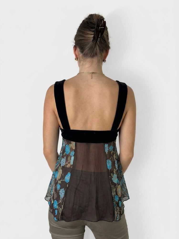Black Velour Top with Floral Overlay (M)