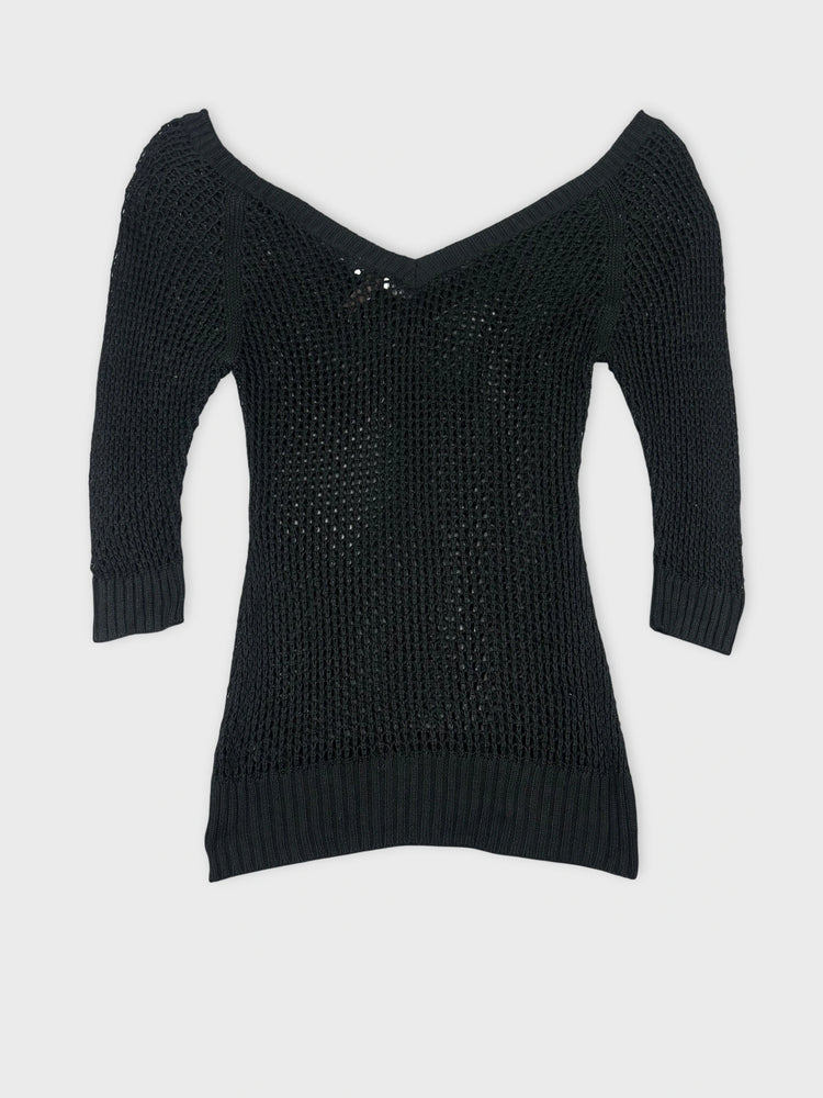 Black Sheer Knit Top with V-Neck (S)