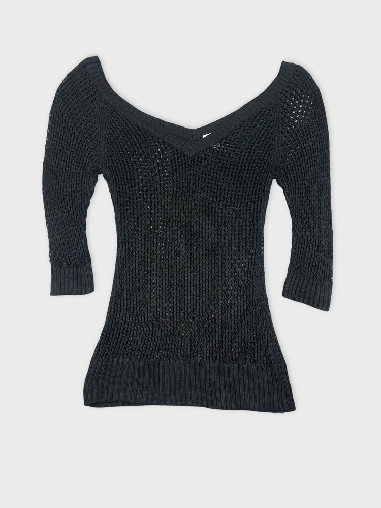 Black Sheer Knit Top with V-Neck (S)