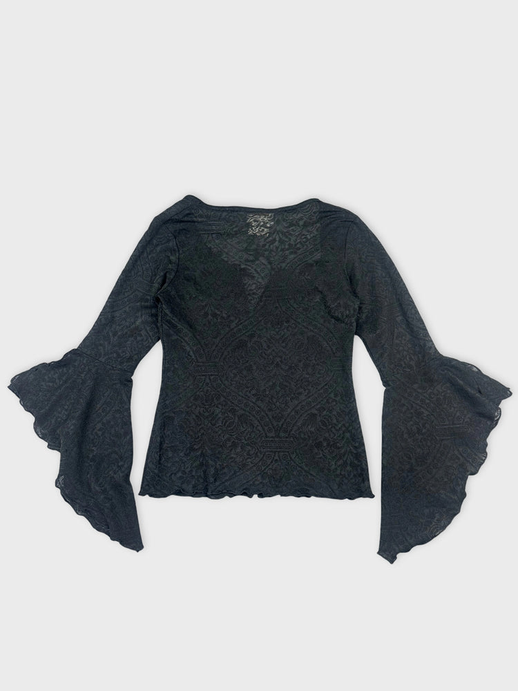 Black Lace Long Sleeve Top with Bell Sleeves (S)