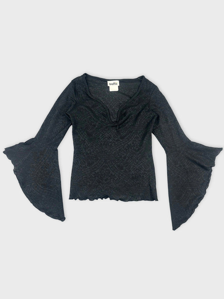 Black Lace Long Sleeve Top with Bell Sleeves (S)