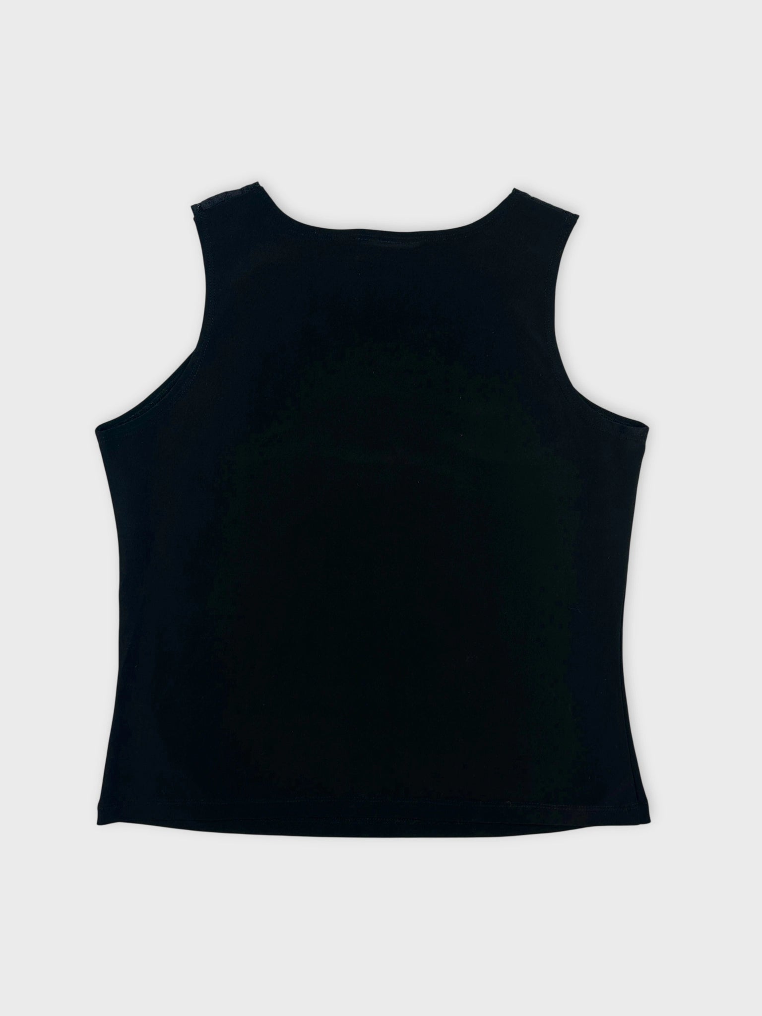 Black sleeveless top back view showing smooth texture and rounded neckline.