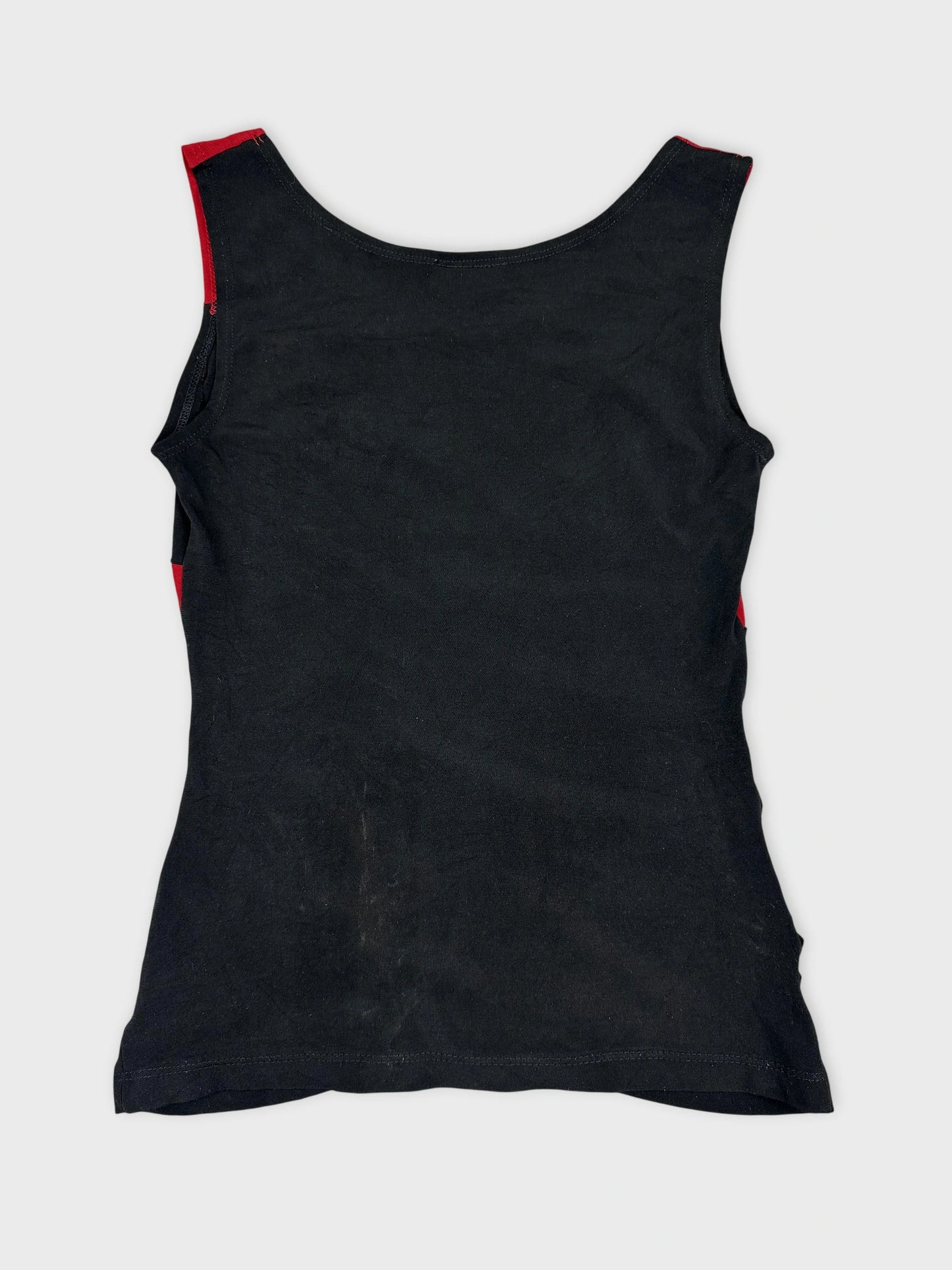 Back view of a black women's tank top with red trim.