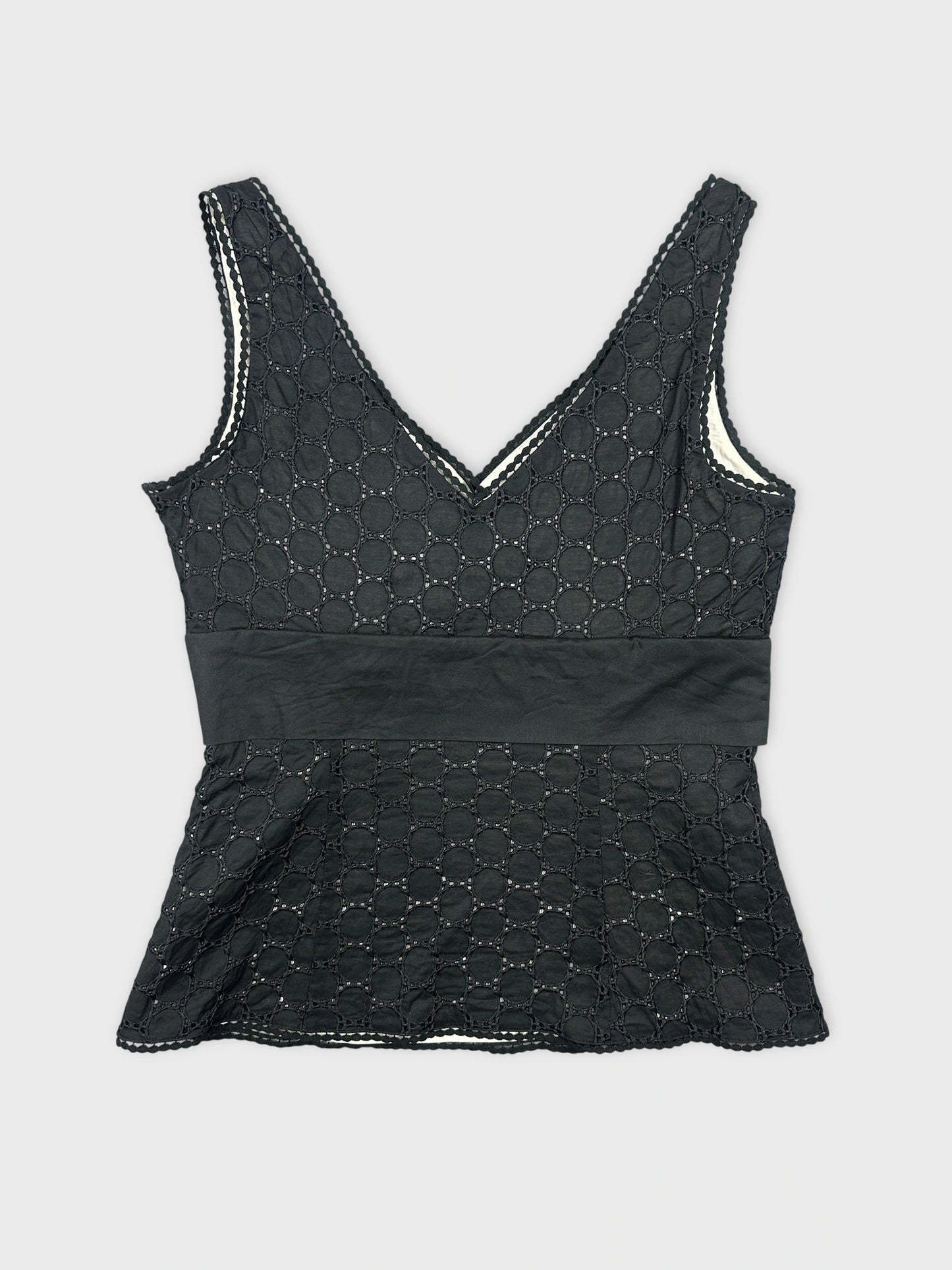 Back view of a black vintage top with circular lace pattern.