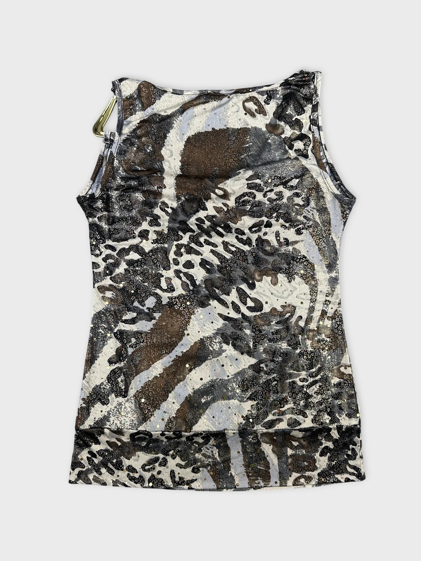 Back view of a brown and white patterned tank top with adjustable straps.