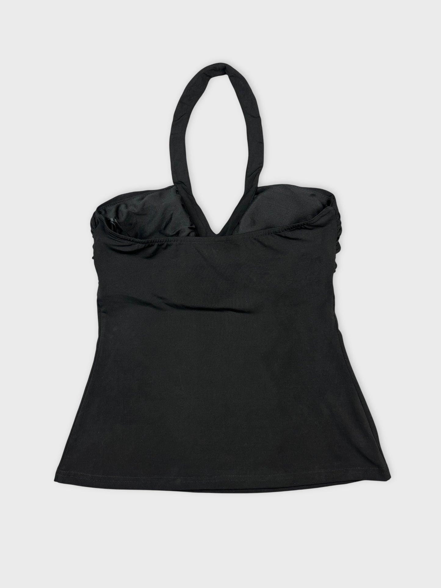 Back view of a black women's upper body top with halter straps.
