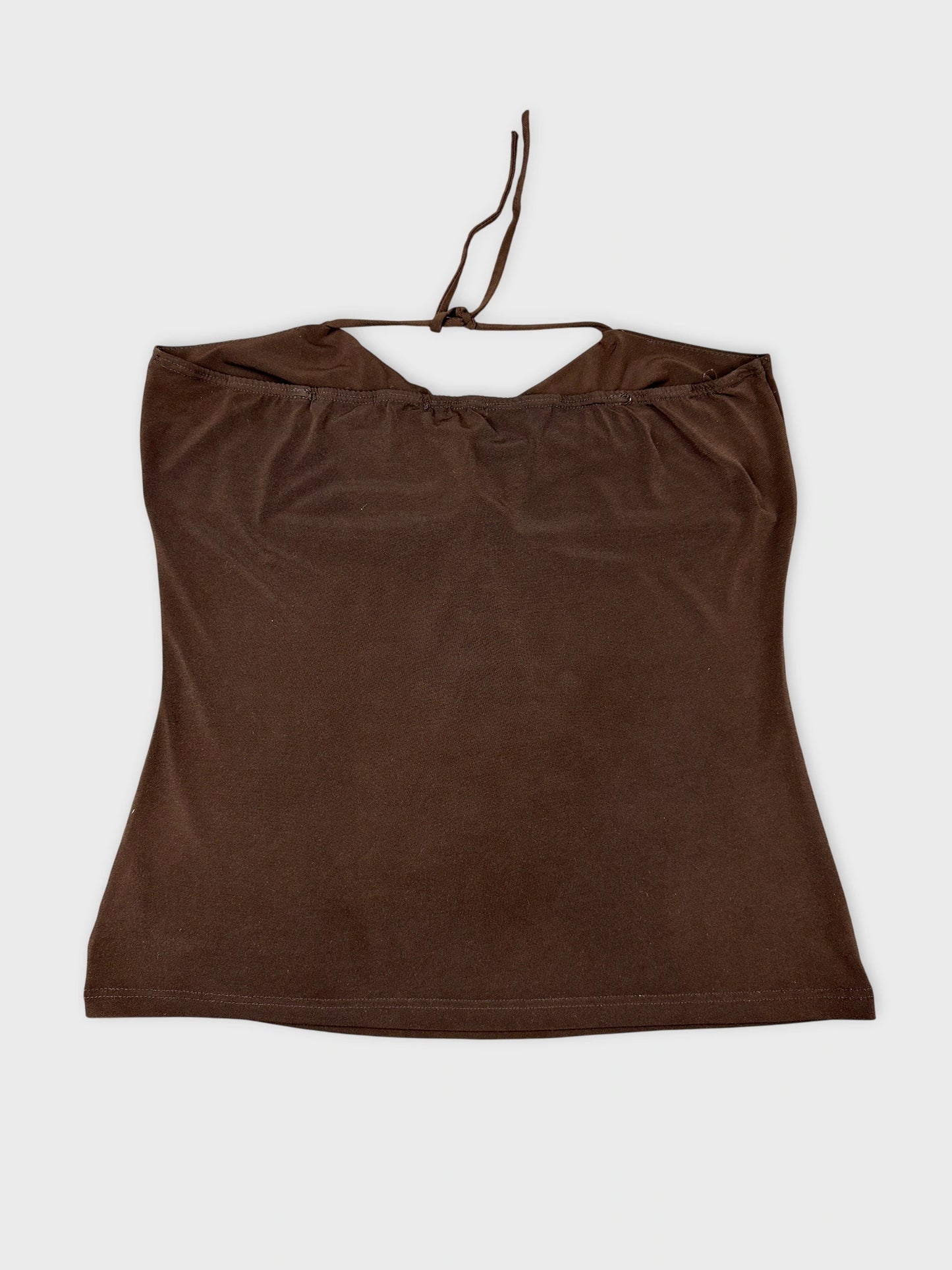 Back view of a brown upper body top with tie straps.