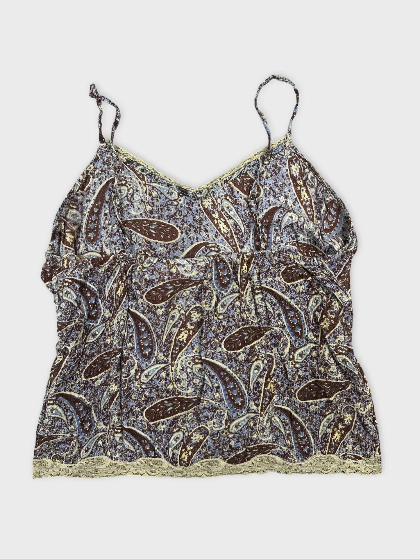 Back view of a brown paisley print camisole with lace trim.