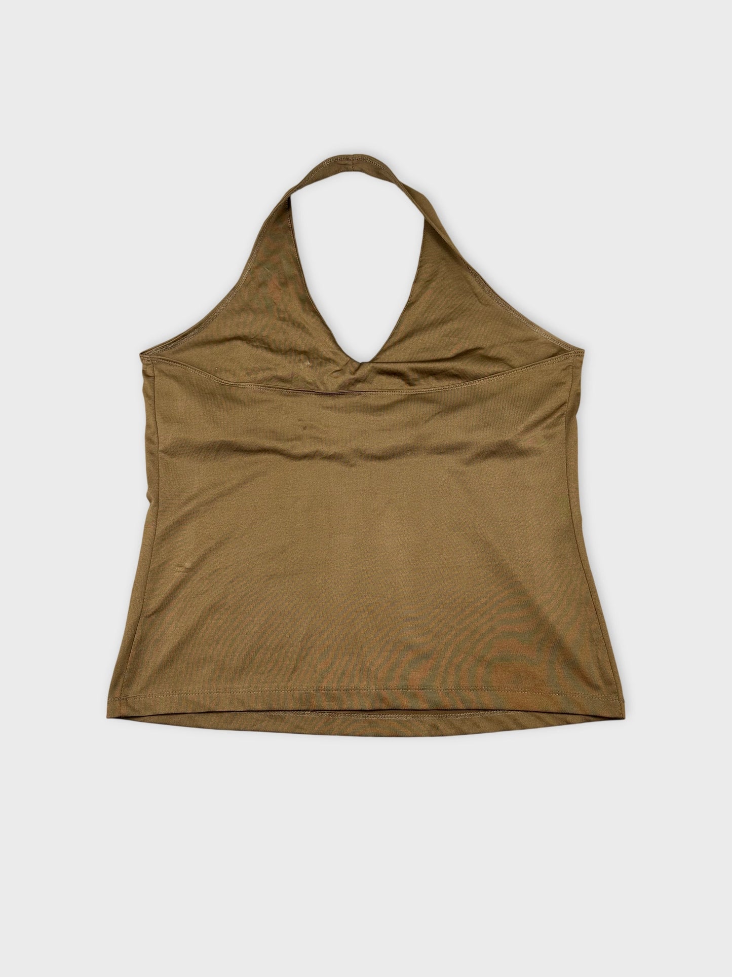 Back view of a brown halter top with a simple design.