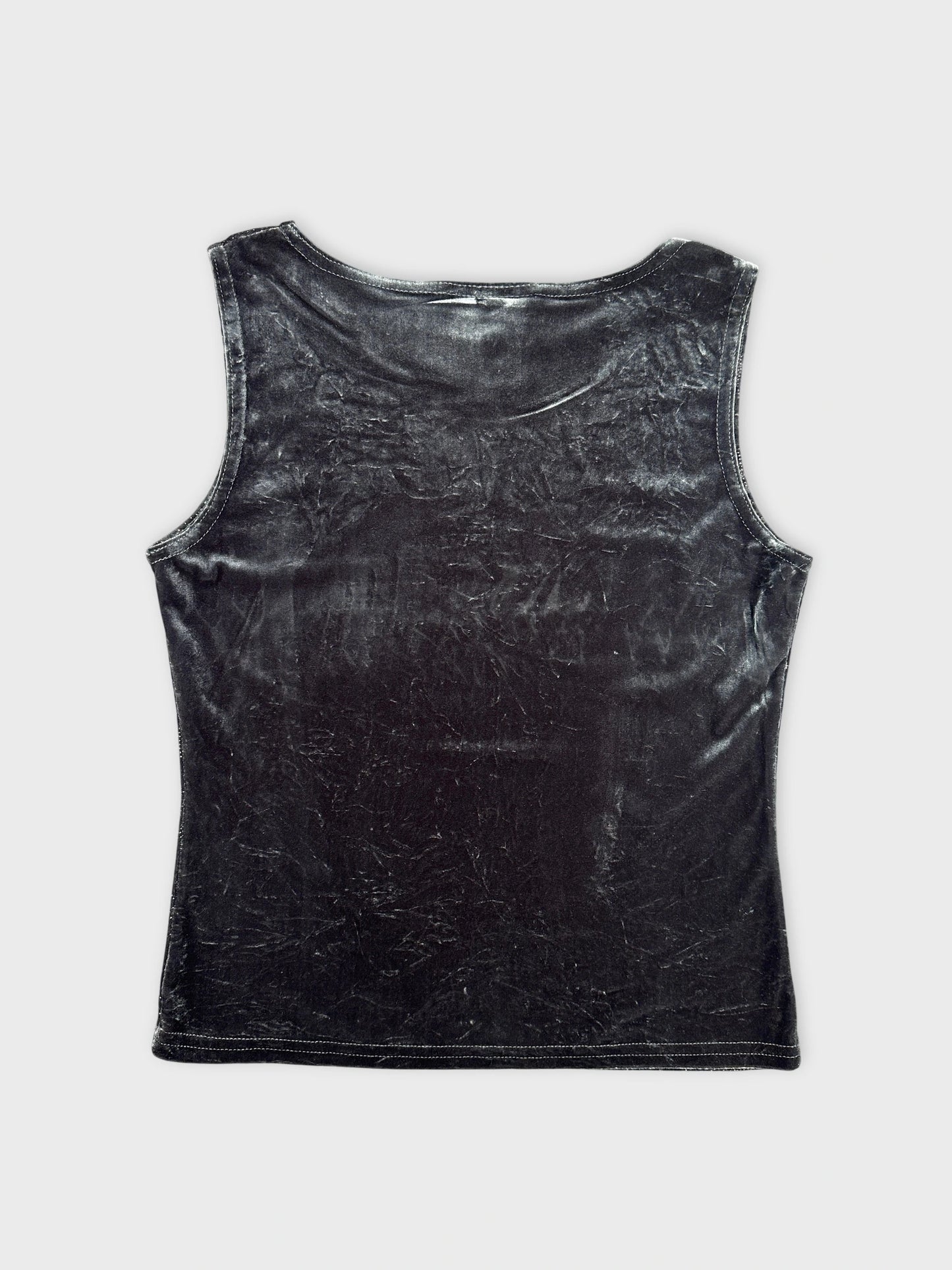 Back view of a fitted black sleeveless top with a smooth texture.