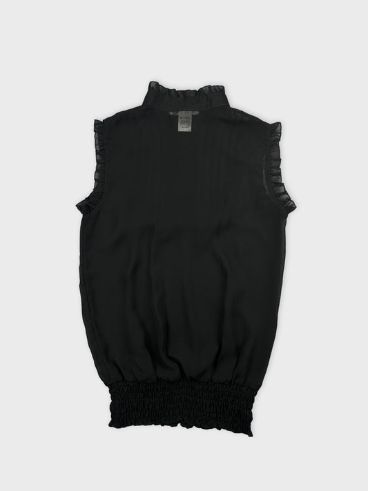 Back view of a black women's top with ruffled arm trim.