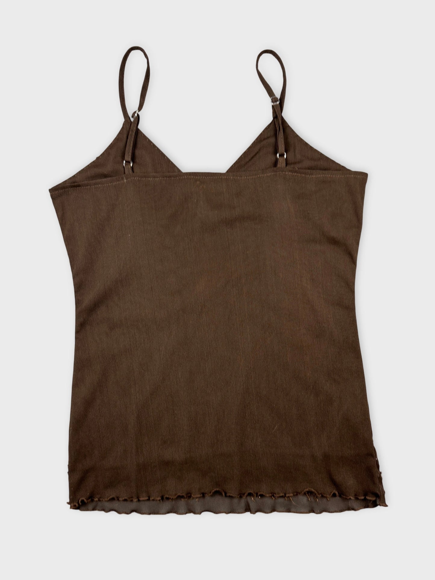 Back view of a brown upper body top with adjustable straps.