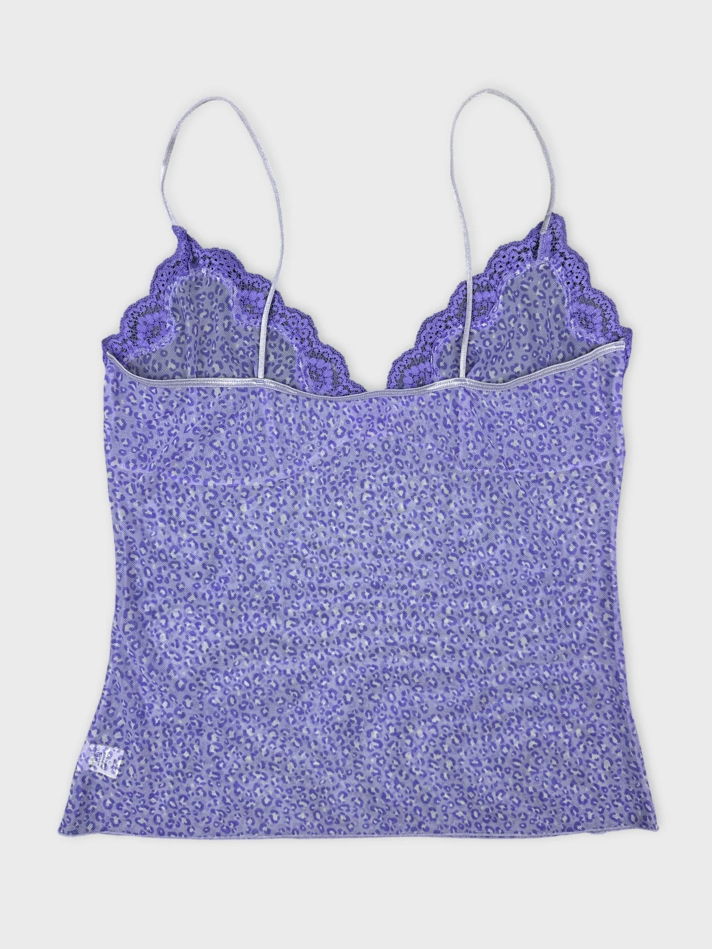 Back view of a purple leopard print camisole top with lace trim.
