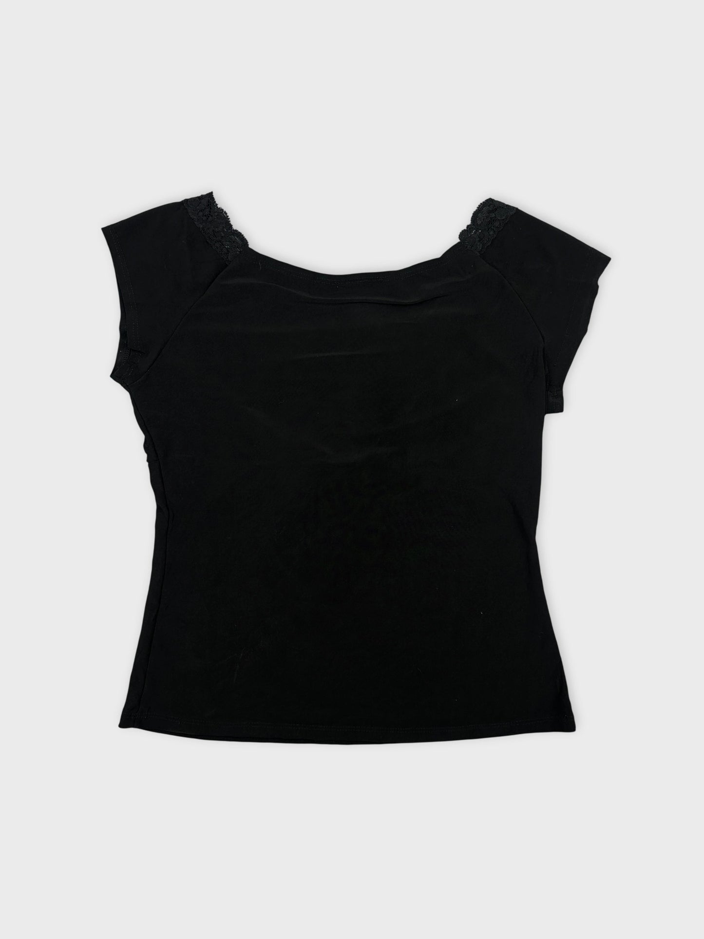 Black upper body top with lace trim on back view