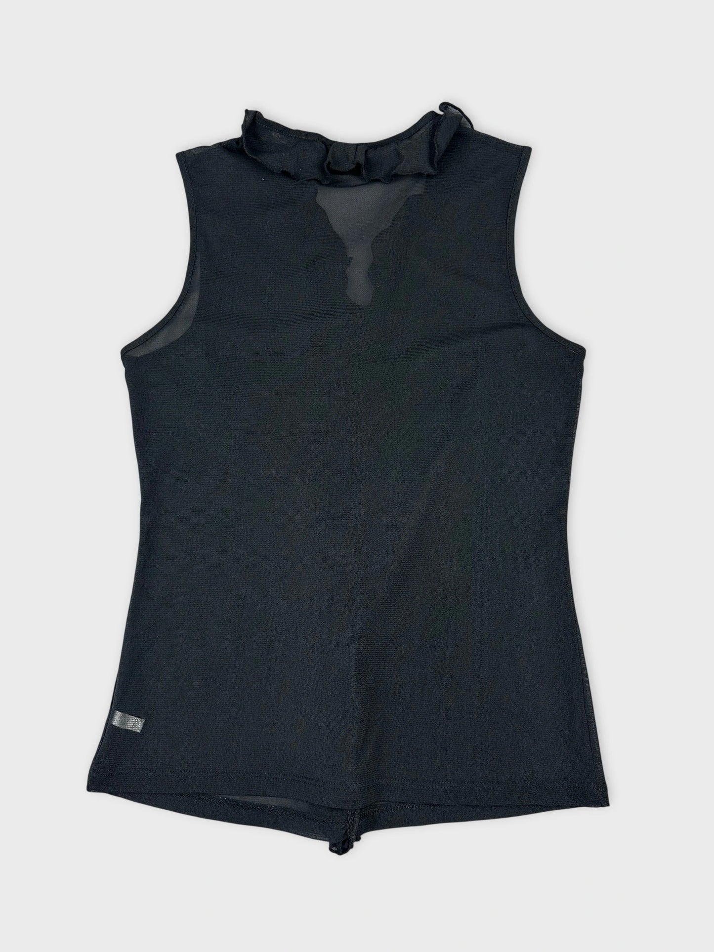Back view of a black sleeveless top with a ruffled collar