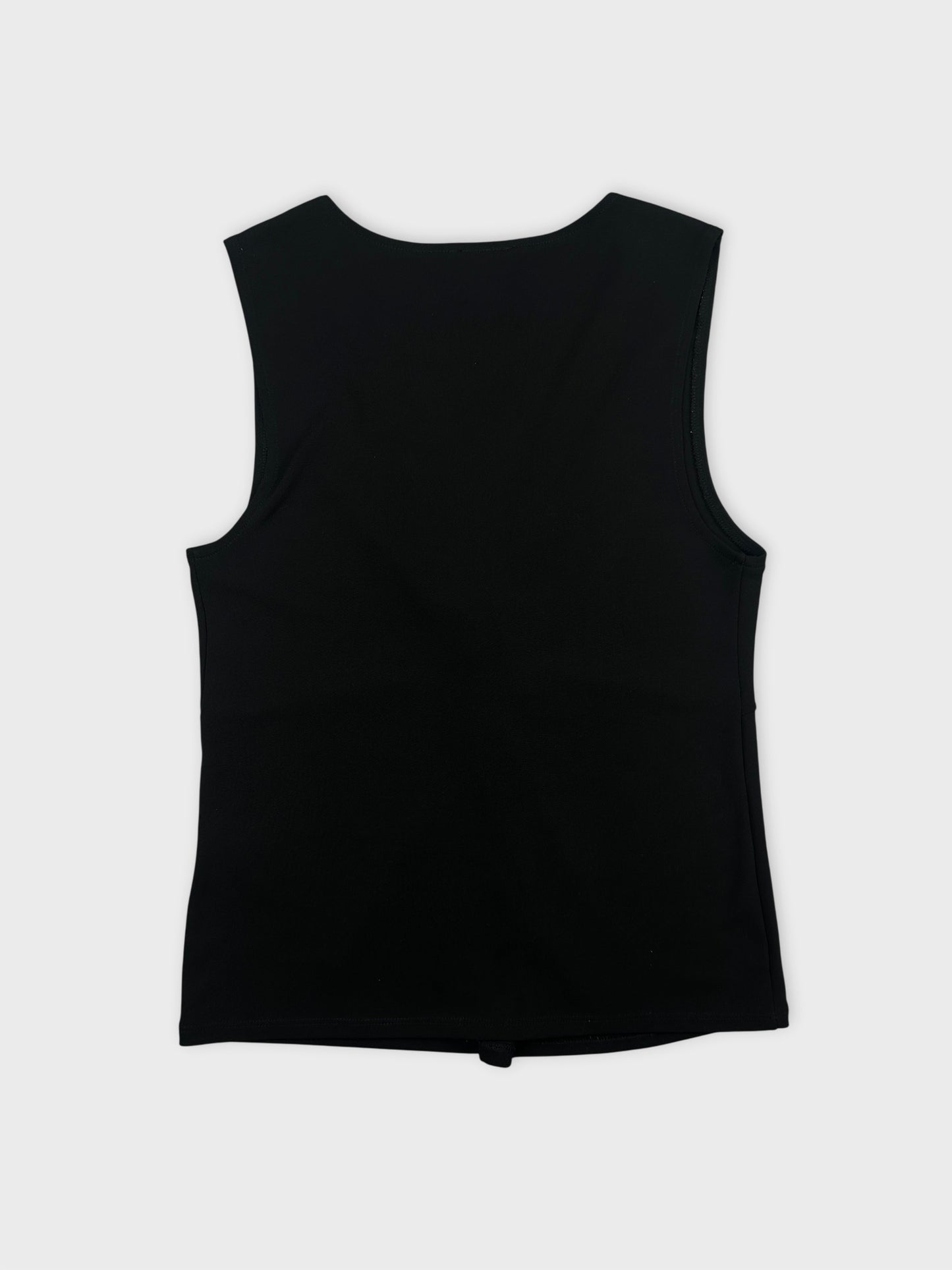 Back view of a sleeveless black top featuring a simple design.
