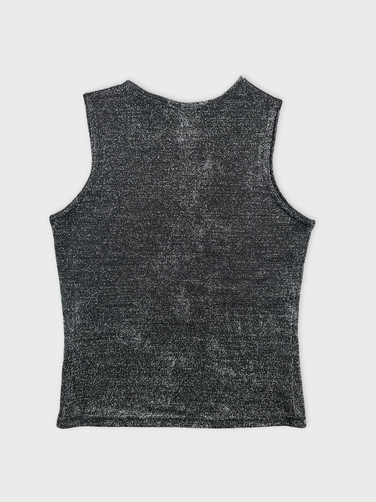 Back view of a black sleeveless top with a shimmer effect.