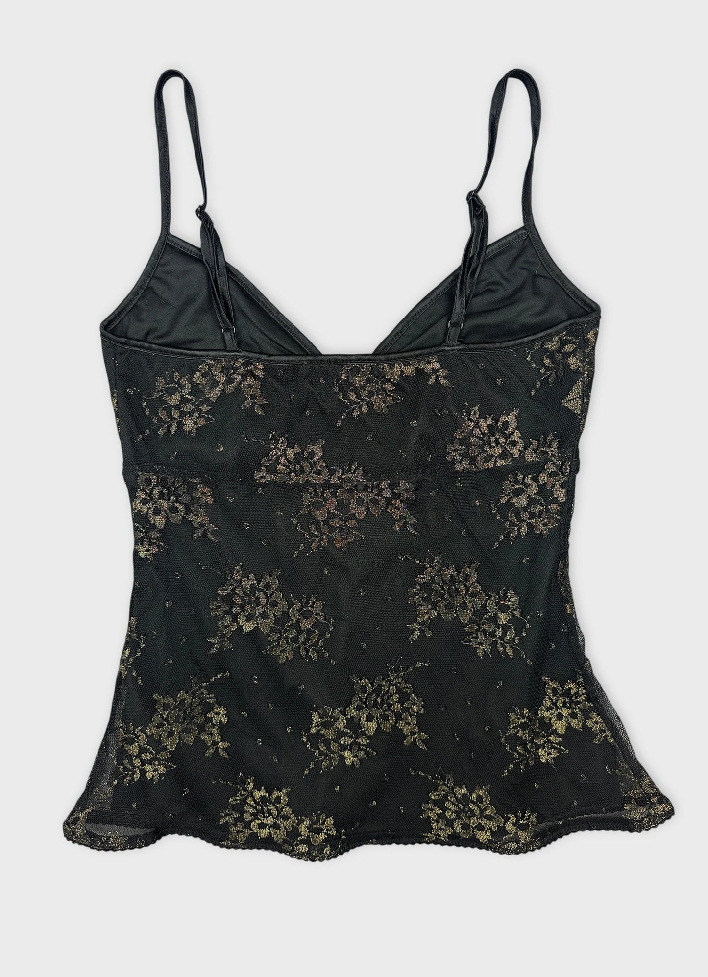 Back view of a black floral lace top with adjustable straps.