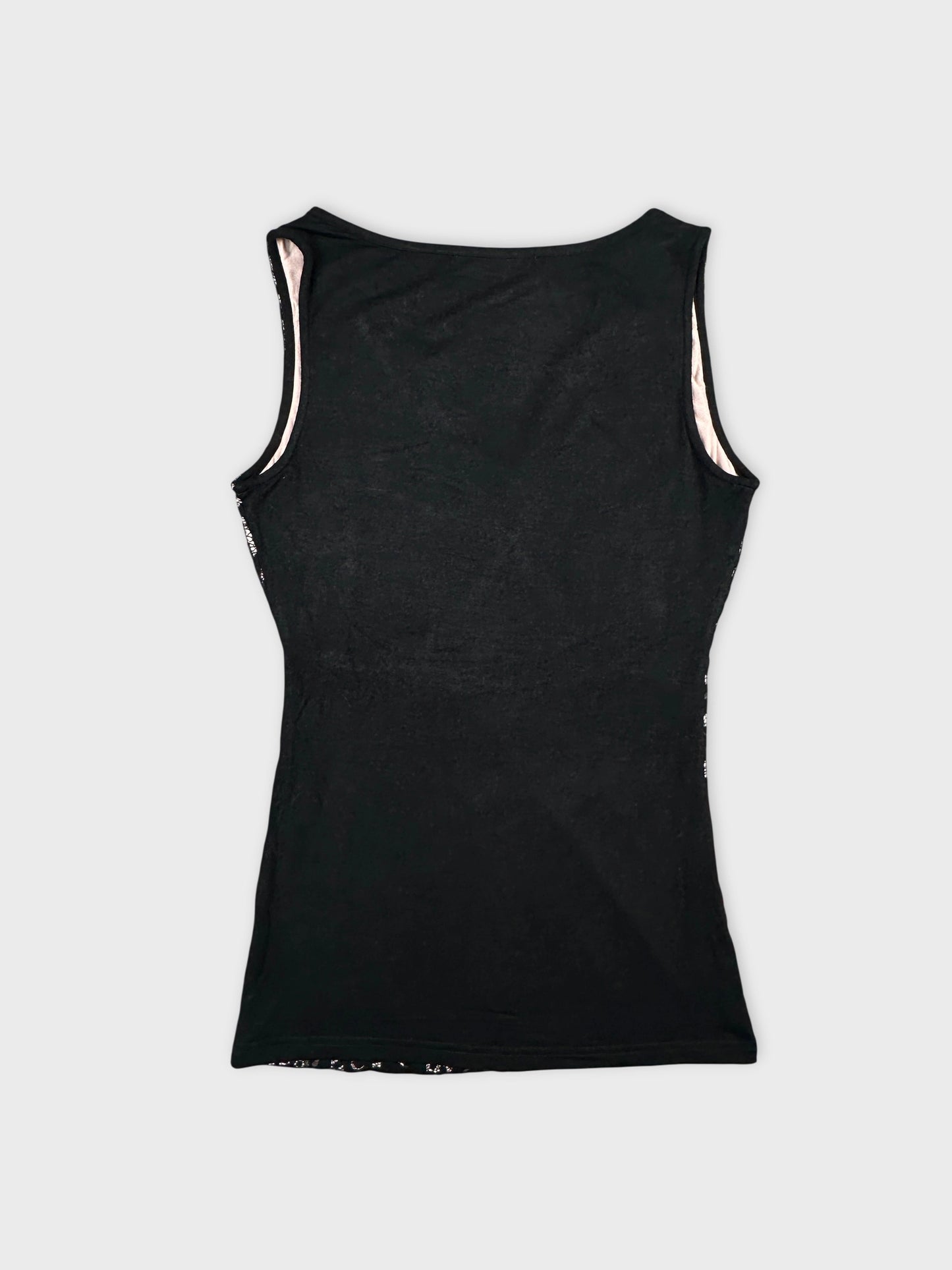 Back view of a black tank top with a lacy trim.