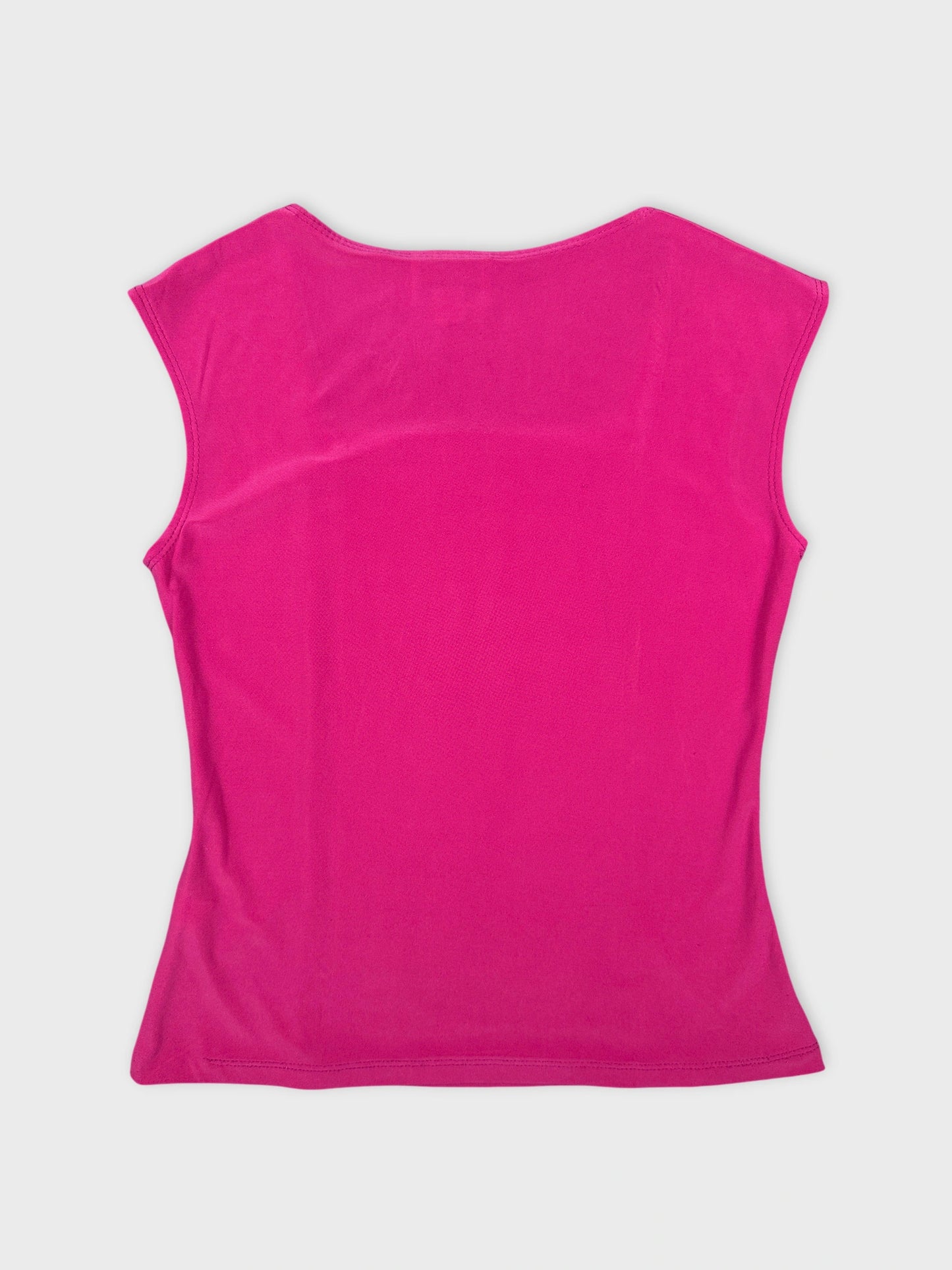 Back view of a fitted pink sleeveless top with a smooth texture.