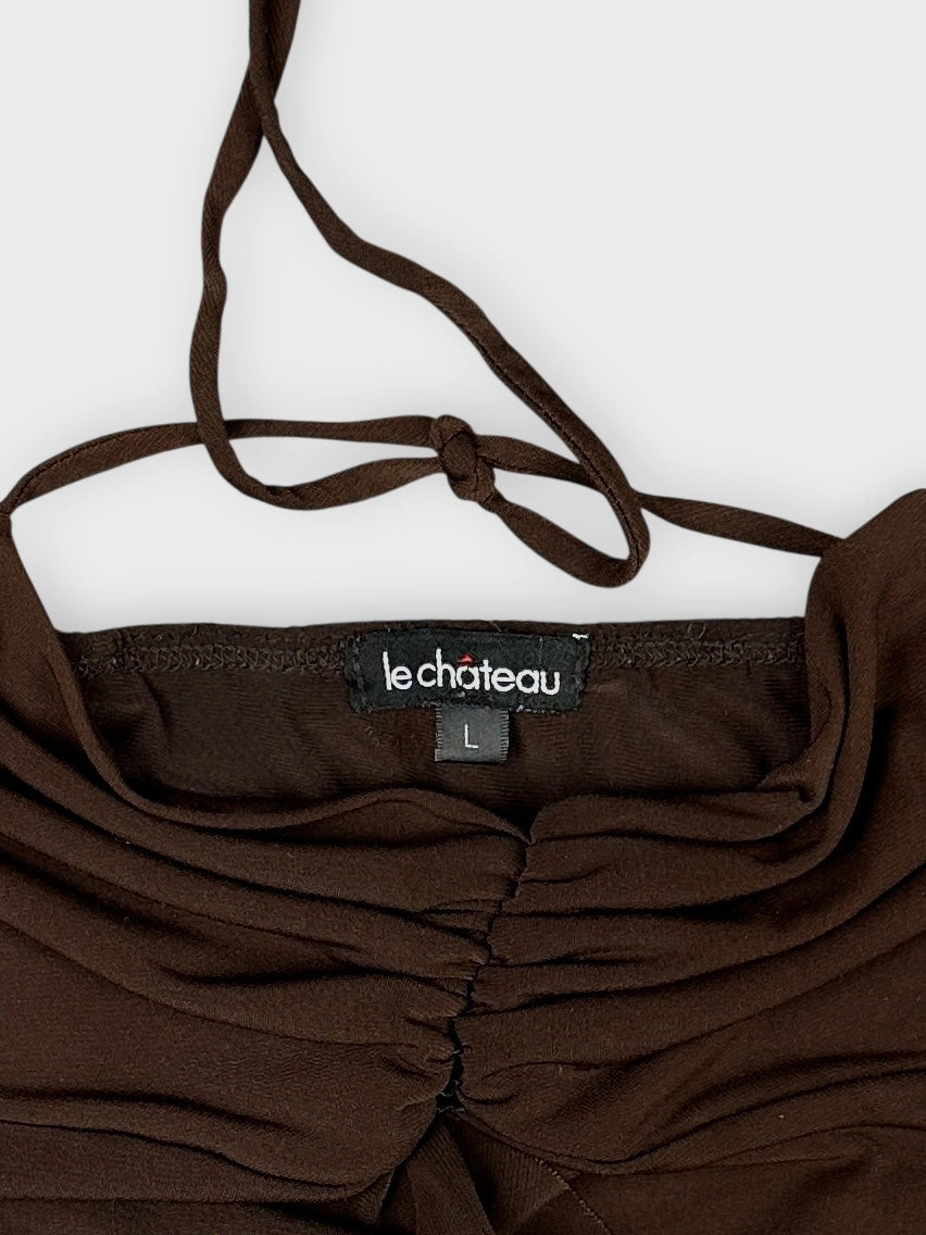 Detail view of a brown upper body top featuring gathered fabric.