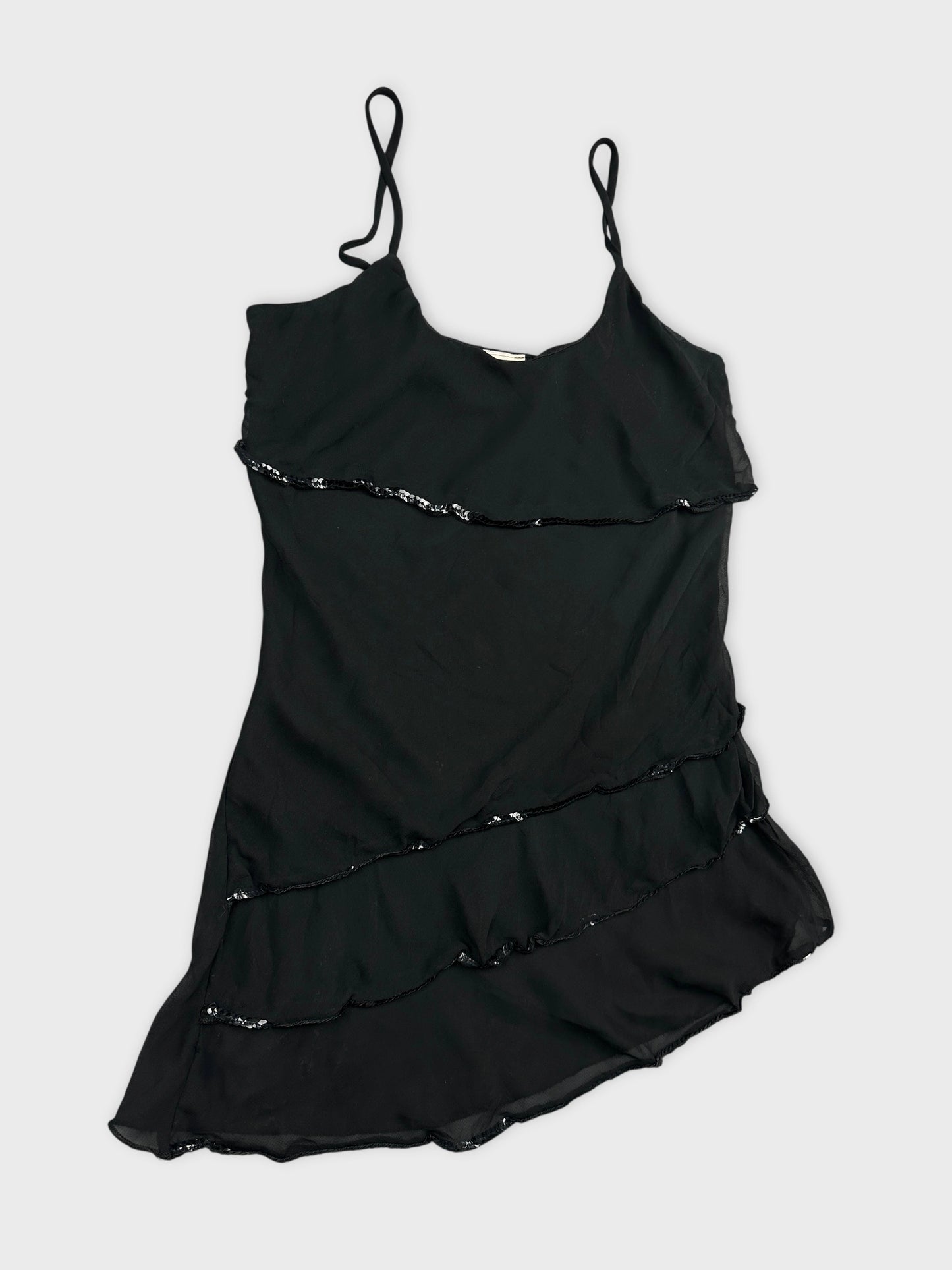 detail view of a black layered tank top with delicate sequined trim