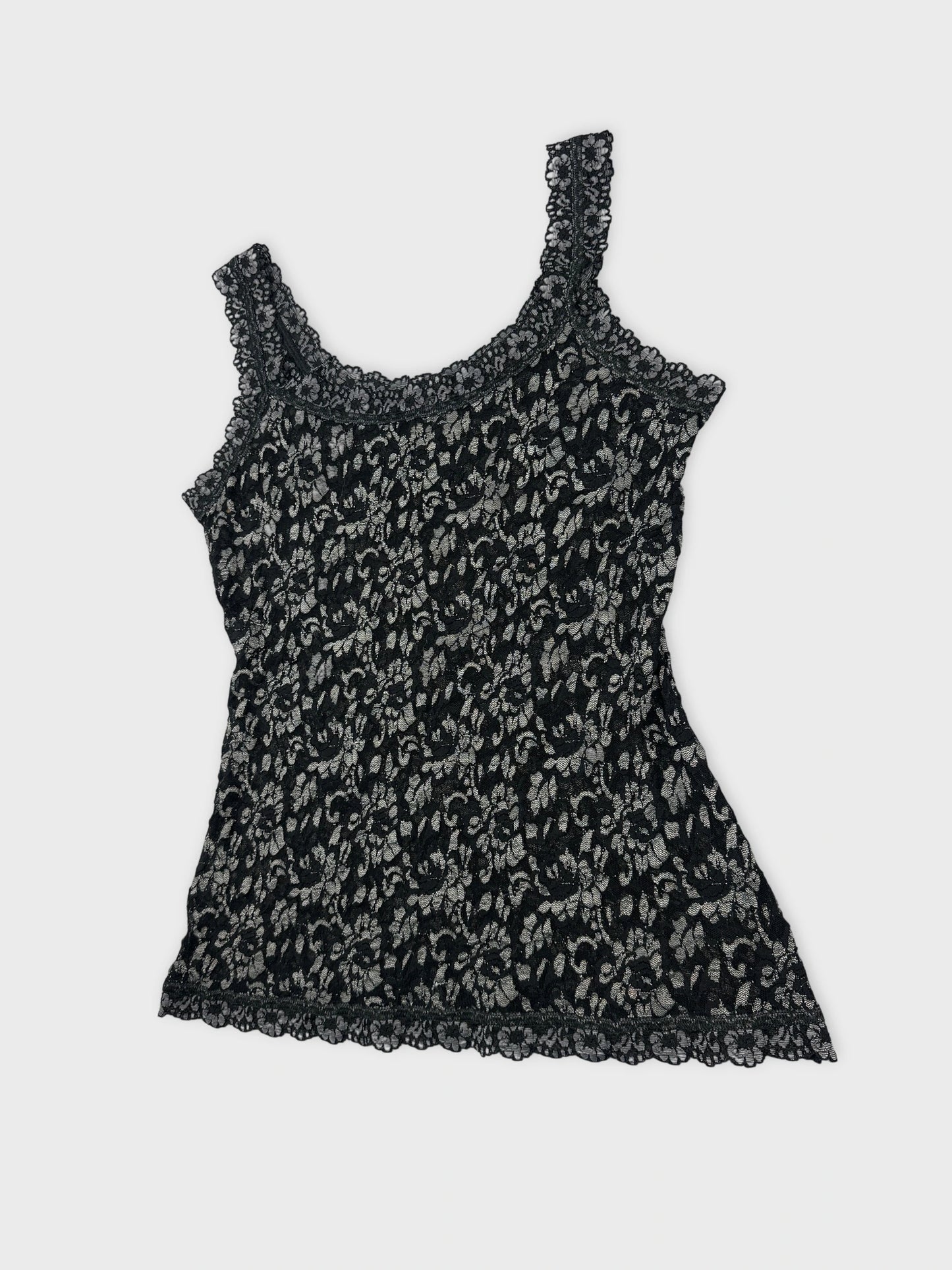 Black lace tank top with floral pattern detail view.