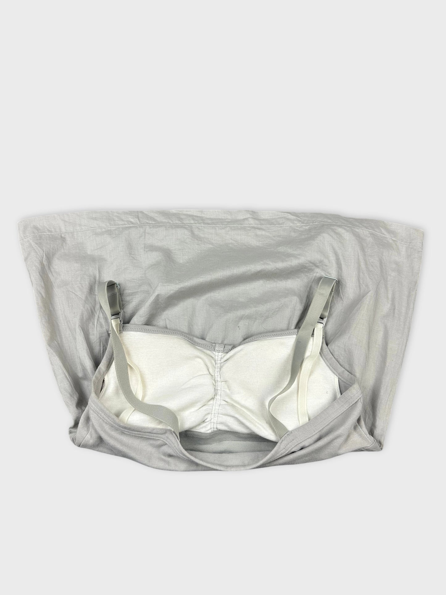 Detail view of grey upper body top with adjustable straps