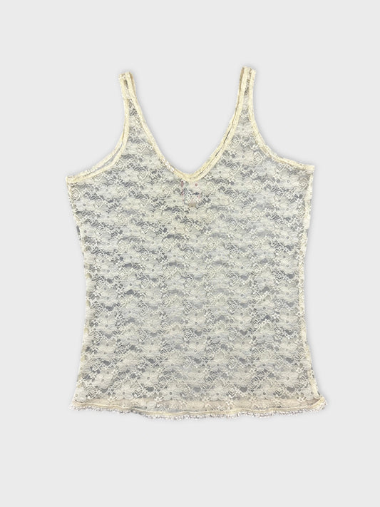 Lace tank top in cream color with scalloped hem front view