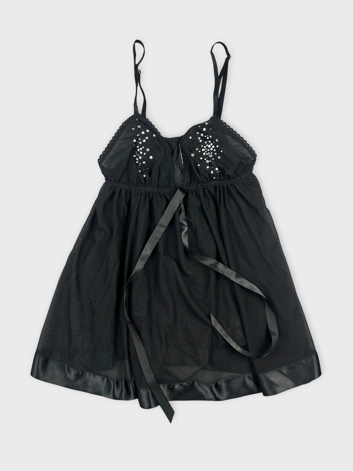Black vintage bodice top with decorative crystals front view